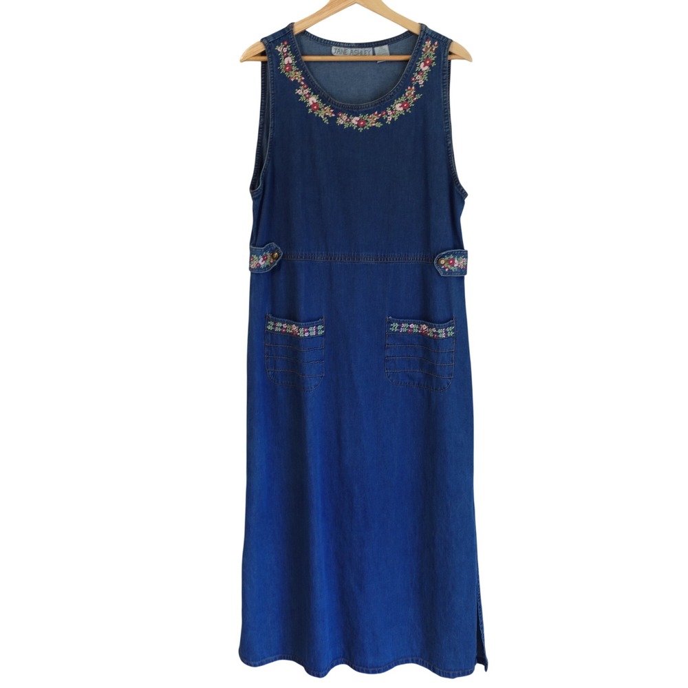 Jane Ashley Vintage Denim Maxi Jumper Dress Floral Embroidered‎ Boho Cottage Med